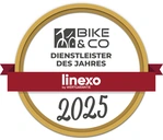 Goldenes Emblem für "Dienstleister des Jahres 2025" von Bike & Co. und Linexo.