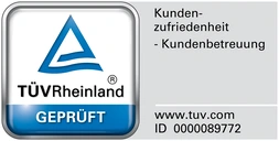 TÜV Rheinland Zertifikat mit dem Hinweis auf geprüfte Kundenbetreuung und -zufriedenheit.